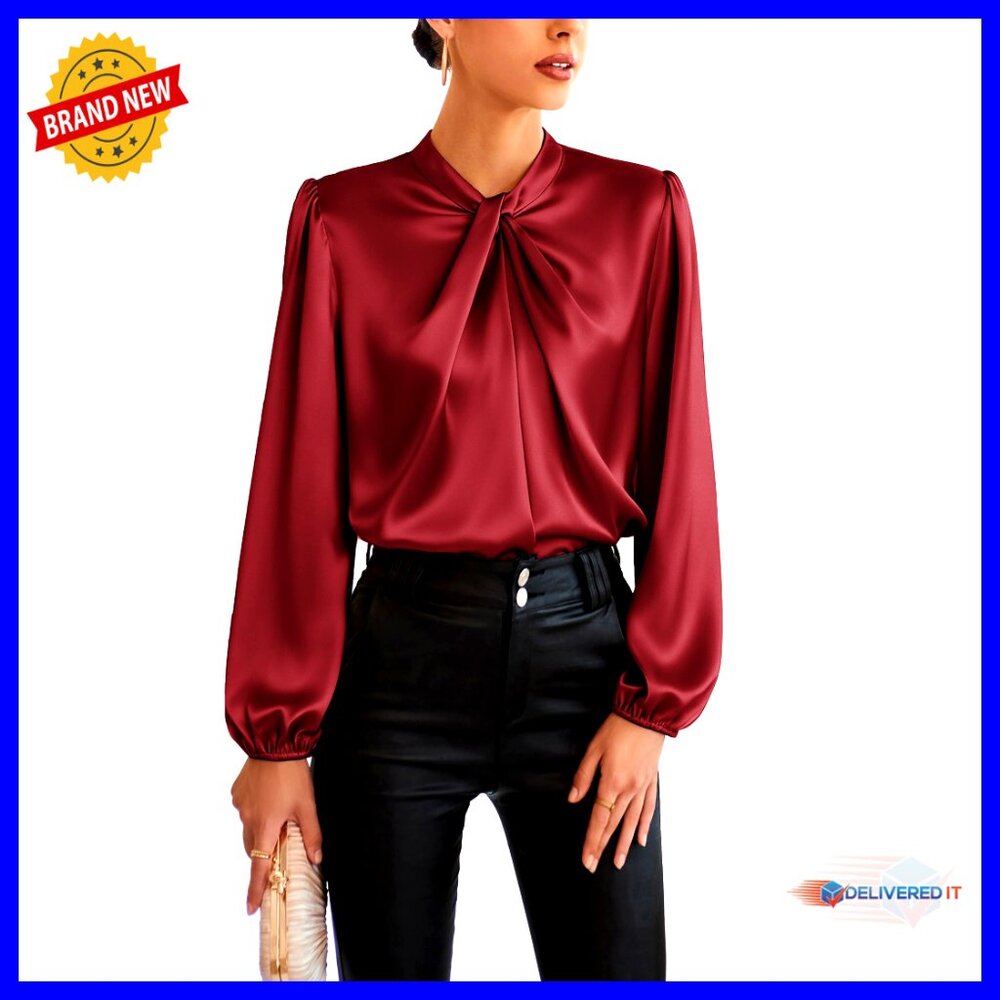 Satin Mock Neck Blouse Elegant Work Office Business Casual Long Sleeve Top